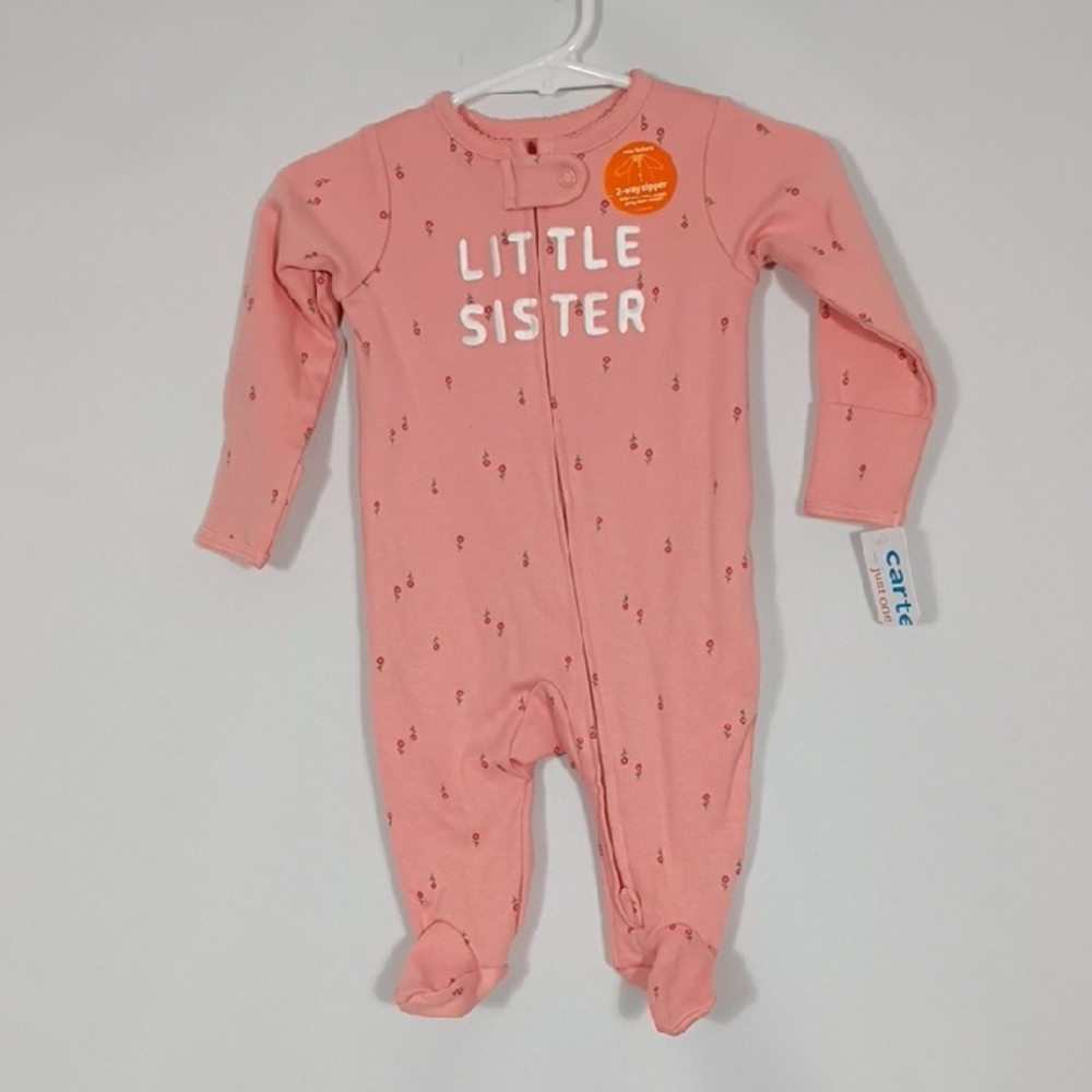 NWT Carter's Pink 'Little Sister' Long Sleeve 2 Way Zipper Footies Size 3 Month